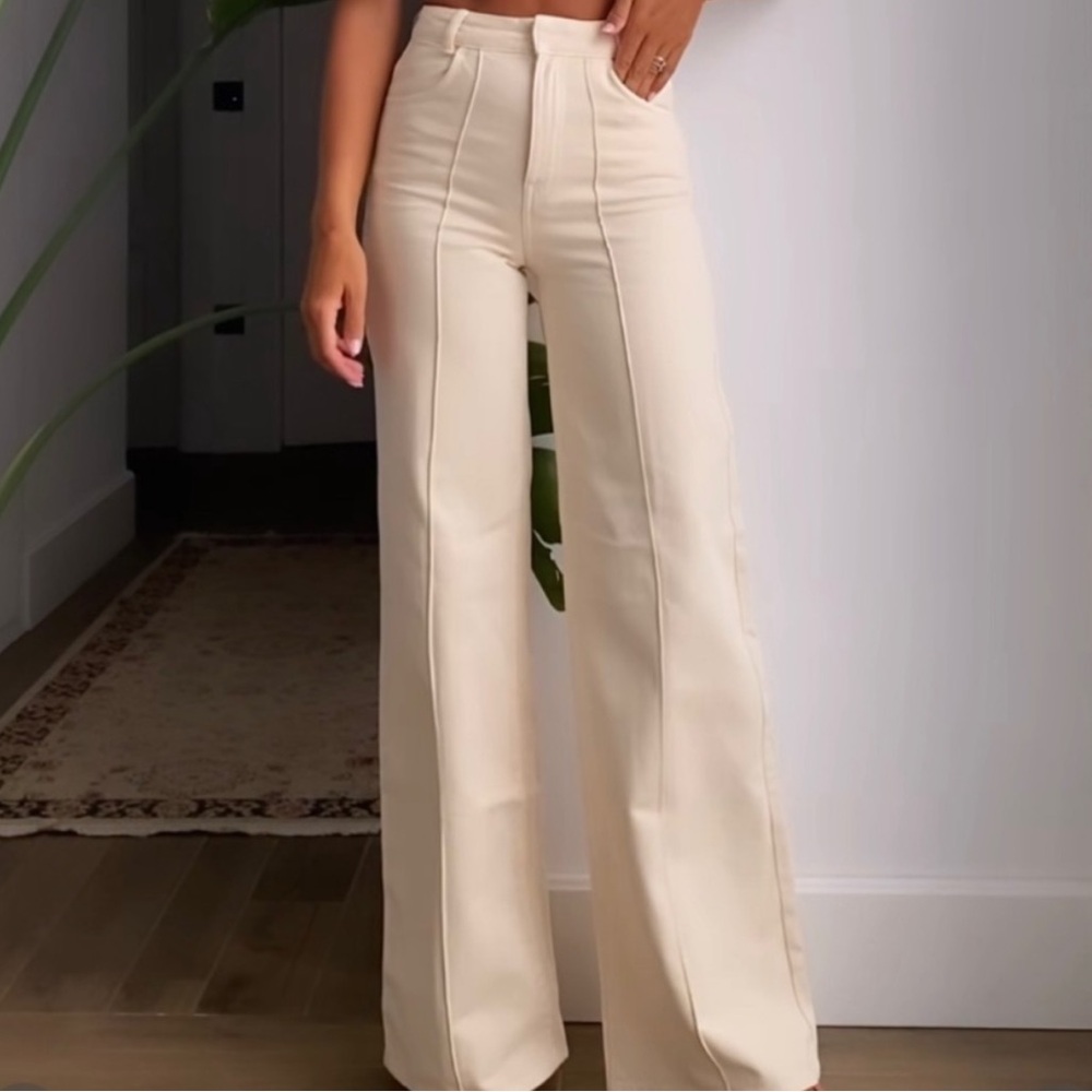 Massimo Dutti Cream High-Waisted Wide-Leg Denim Trousers